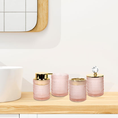 FEILANDUO Bathroom Accessories Set,4Pcs Glass Bathroom Accessories,Vanity Bathroom Decor, Soap Dispenser, Toothbrush Holder Set, Apothecary Jar, Gift for Home Apartment (Pink)