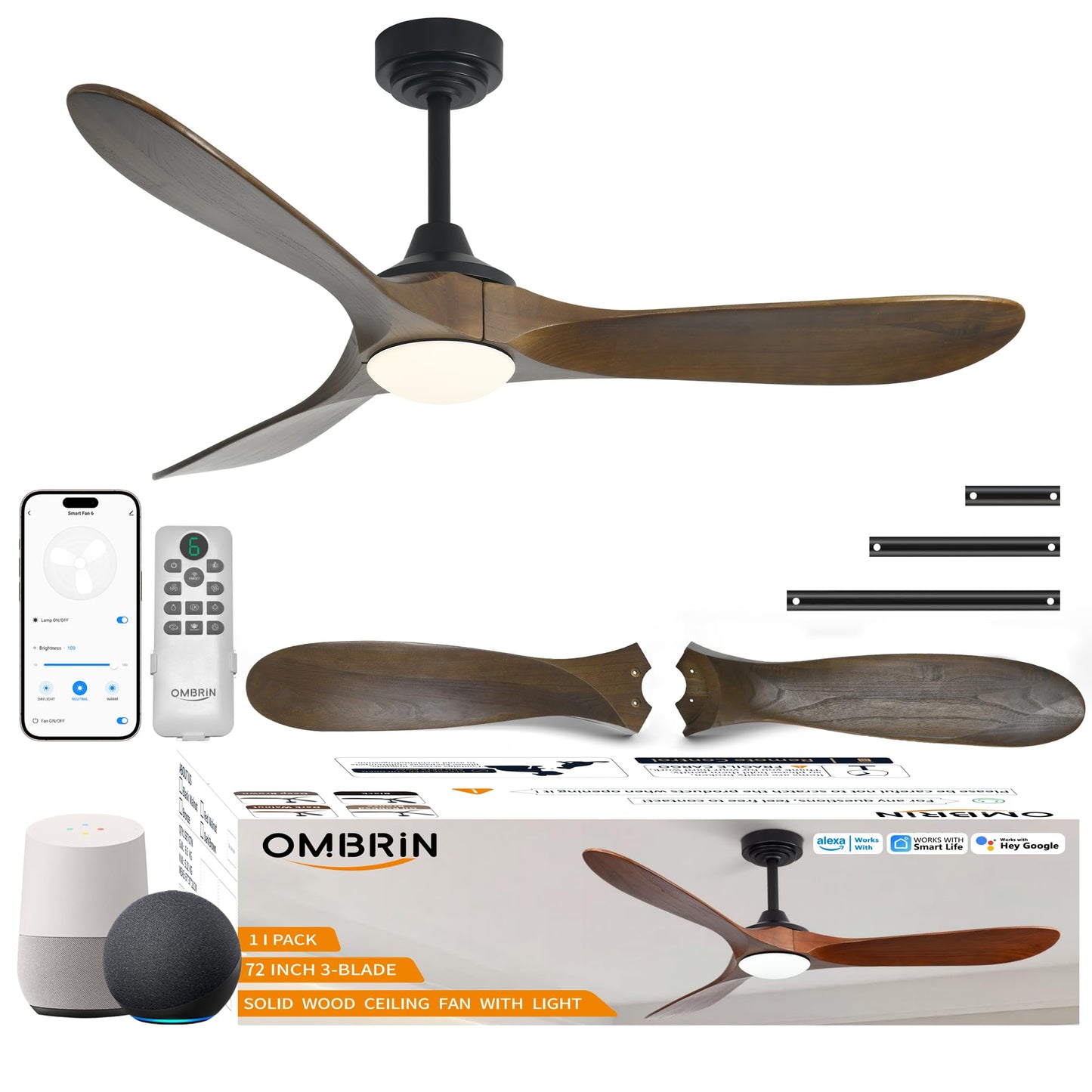 Ombrin 72 inch Outdoor Ceiling Fans with Lights,Smart Wood Large Ceiling Fan for Alexa,Google & APP Control,Indoor/Outdoor,3 Blades,3CCT Dimmable,Bronze Walnut,Downrod Mount for Patio Porch