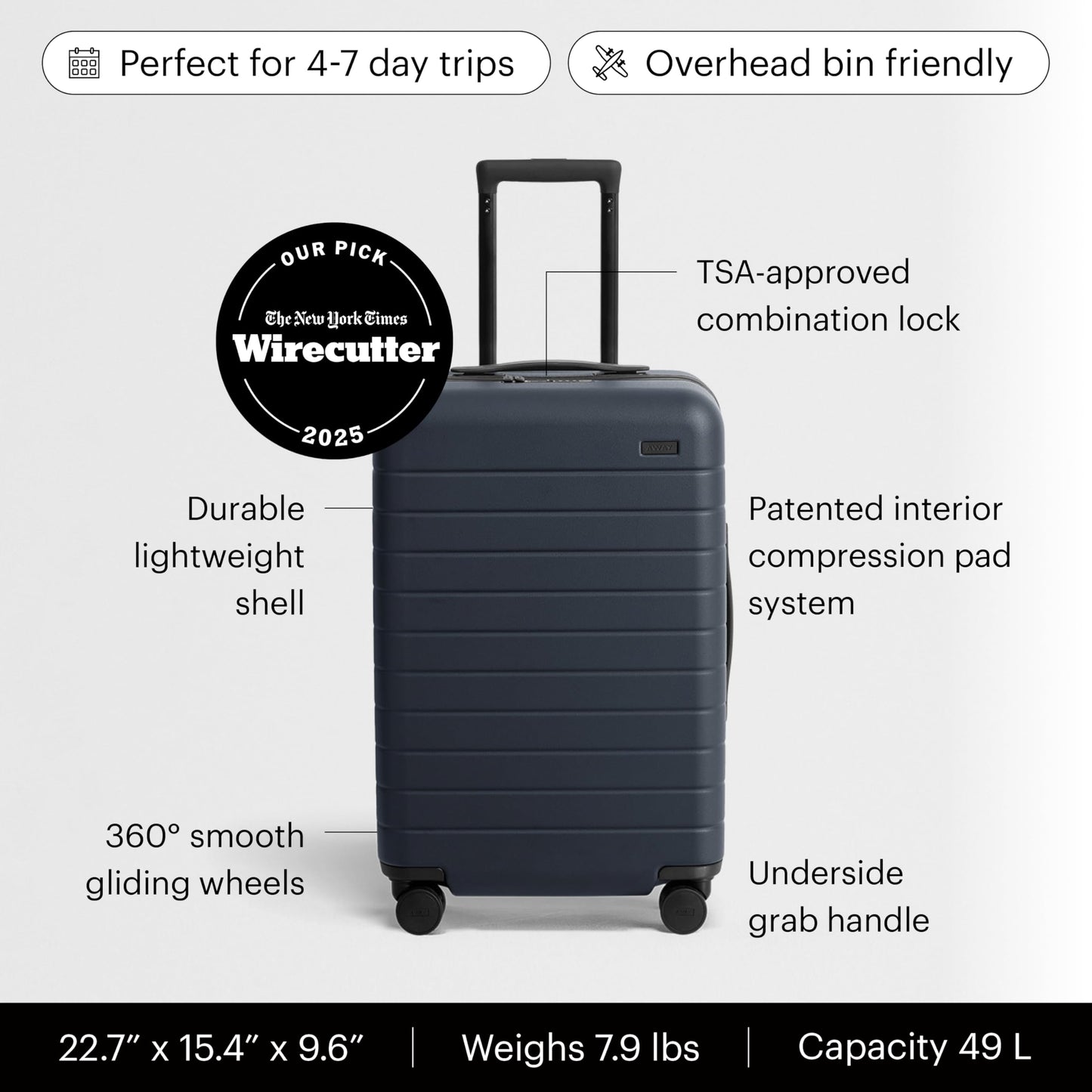 Away Bigger Carry-On Luggage - 23-Inch Lightweight Hardside Suitcase with 360° Spinner Wheels, Interior Compression System, TSA-Approved Lock - Navy Blue