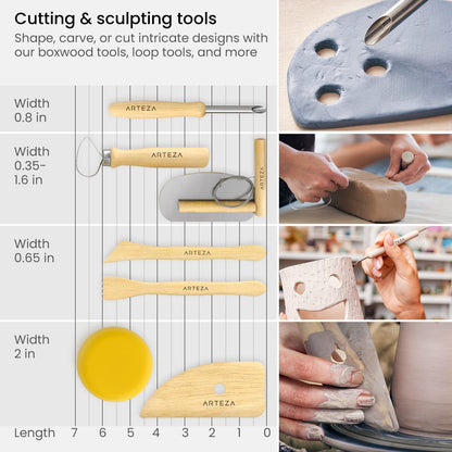 ARTEZA Pottery & Sculpting Tools, 42-Piece Clay Tools Set with Wooden Handles & Steel Tips for Polymer Clay, Ceramics, Carving, Modeling, Shaping & Smoothing