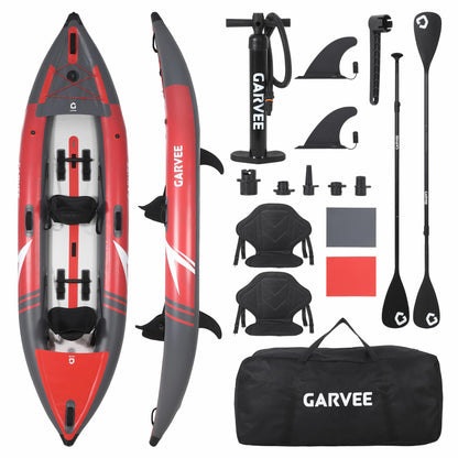 GarveeLife 2 Person Inflatable Kayak，Fishing Kayak for Adults, Portable Touring Kayaks with Padded Seat, 3 Fins, Hand Pump, Carry Bag, Repair Kit，12.5FT/450 LBS Weight Capacity