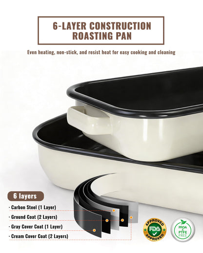 MCCSI Roasting Pan for Oven with Rack 6-Piece Enamel Lasagna Baking Dishes Set 14&17 Inch, 572°F High Temperature Resistance Dishwasher Safe Non-Stick Deep Turkey Roaster Pan Mothers Day Gift Bakeware