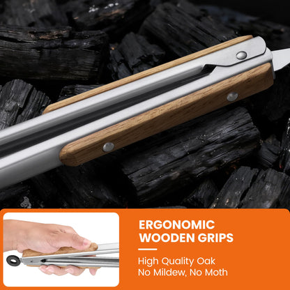 17-Inch Grill Tongs - Locking Metal Tongs with Oak Wood Handles,Stainless Steel Kitchen Tongs for Cooking,Long Tongs for Grilling,BBQ,Serving and Outdoor Barbecue,Heavy Duty,Heat-Resistant and Durable