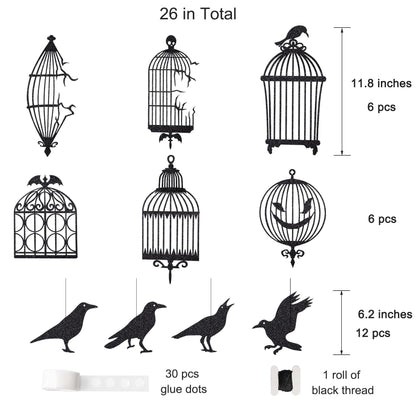 Cheerland Glitter Black Crow Cage Halloween Decorations Bird Raven Hanging Banners for Gothic Halloween Garland Backdrop Centerpiece Wall Cutouts for Horror Theme Birthday Wedding Yard Party Supplies