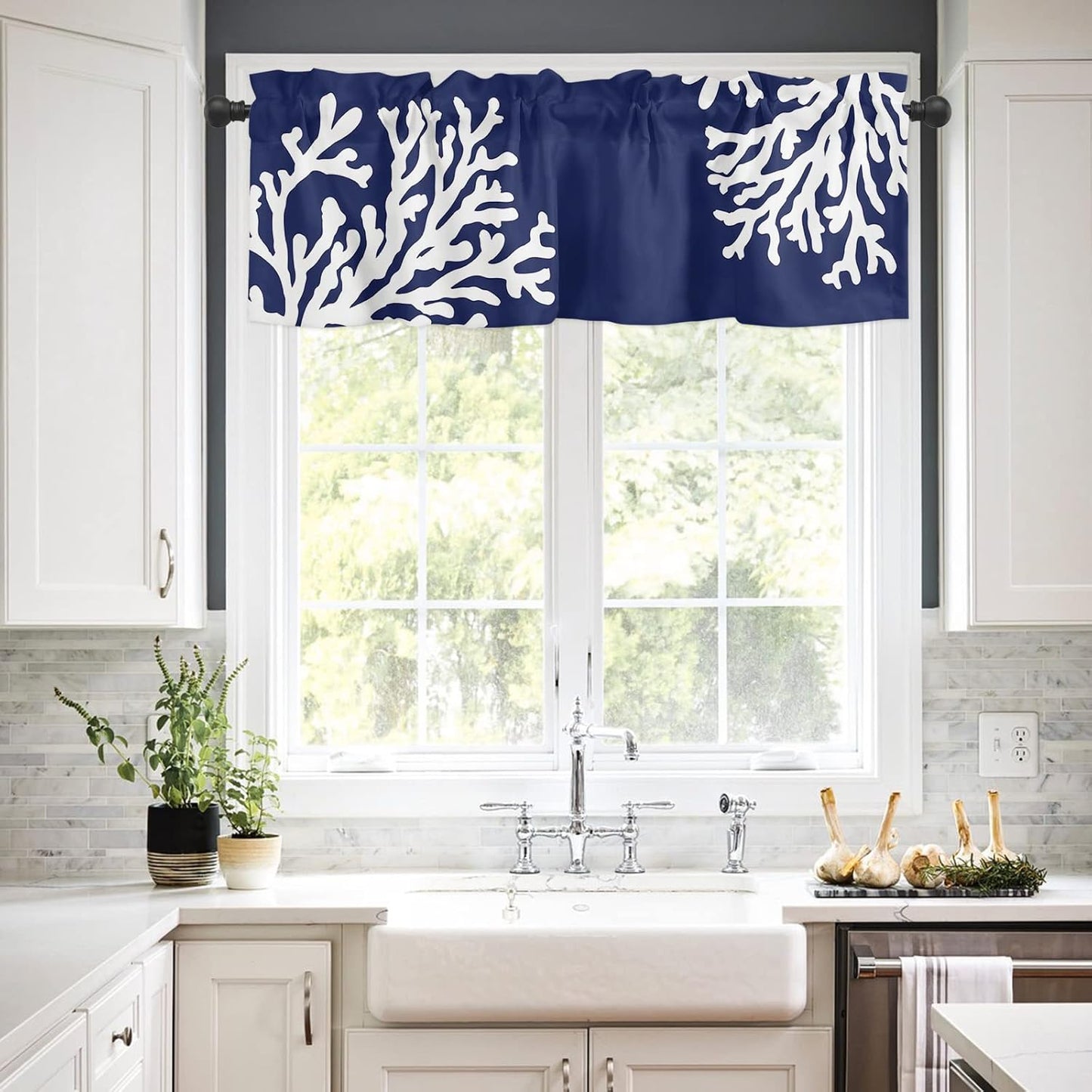 Navy Blue Coral Farmhouse Short Window Curtain Valances, 1 Panel Coastal Nautical Rod Pocket Kitchen Valances