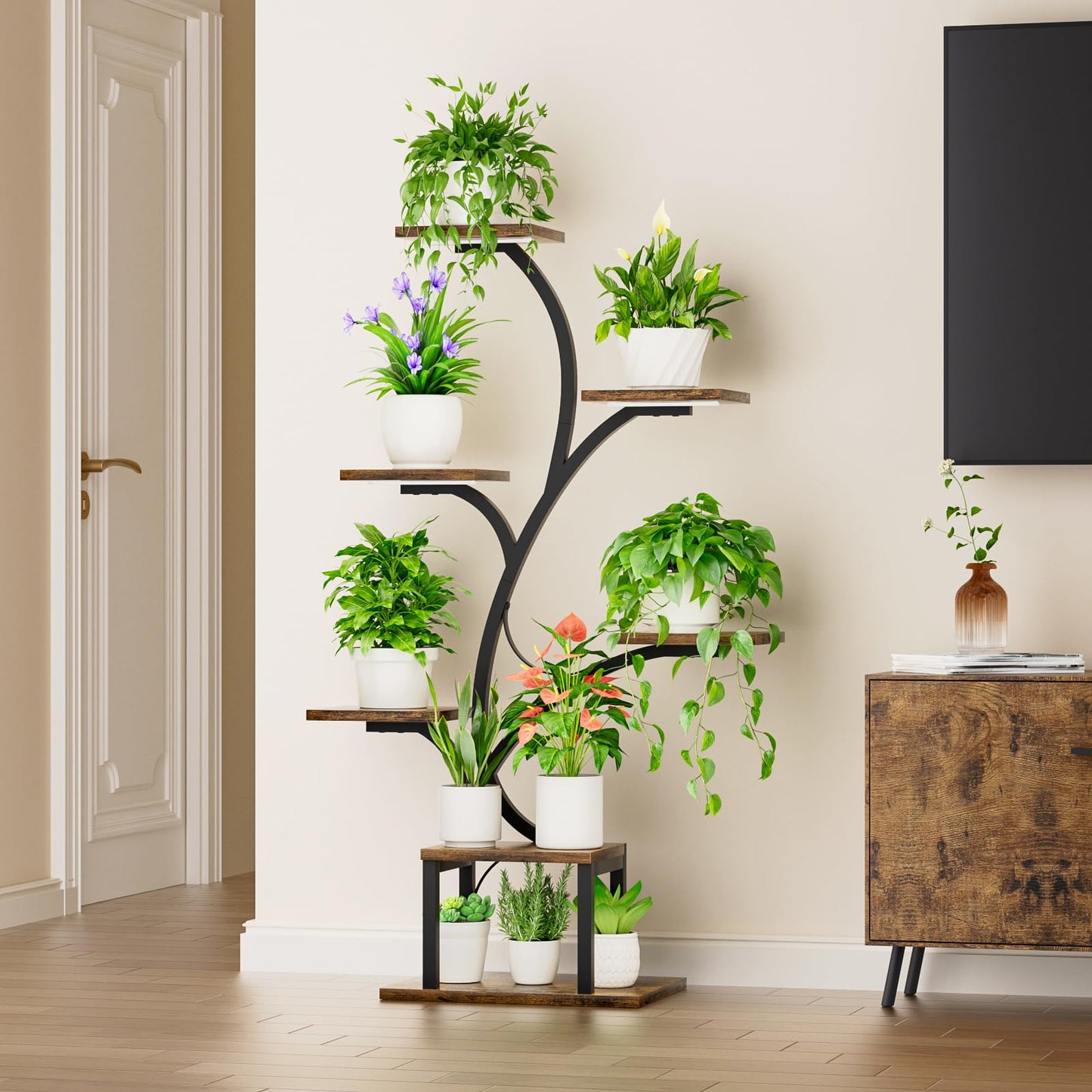 BACEKOLL Plant Stand Indoor with Grow Lights, 7 Tiered Indoor Plant Shelf, 49" Corner Plant Stands for Indoor Plants, Metal Plant Flower Display Shelf, Tree-Shaped Plant Rack for Home, Patio, Brown