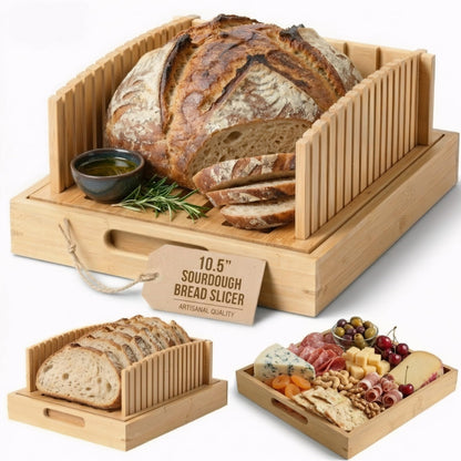 Bamboo Bread Slicer for Homemade Bread - Sturdy Bread Cutting Guide with Crumb Catcher Tray & Serving Board - Bread Cutter Machine for Loaf, Sandwich, Baking