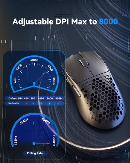 Redragon M725 Honeycomb Shell Gaming Mouse Wireless, Ultra Lightweight 49g, 8000 DPI Tri-Mode BT5.1/2.4GHz/Type-C Wired Gamer Mouse with 2 Side Buttons, Macro Programmable for PC/Mac/Laptop, Black