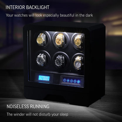 6 Watch Winder with LED Light, LCD Display and Storage Drawer (Carbon)