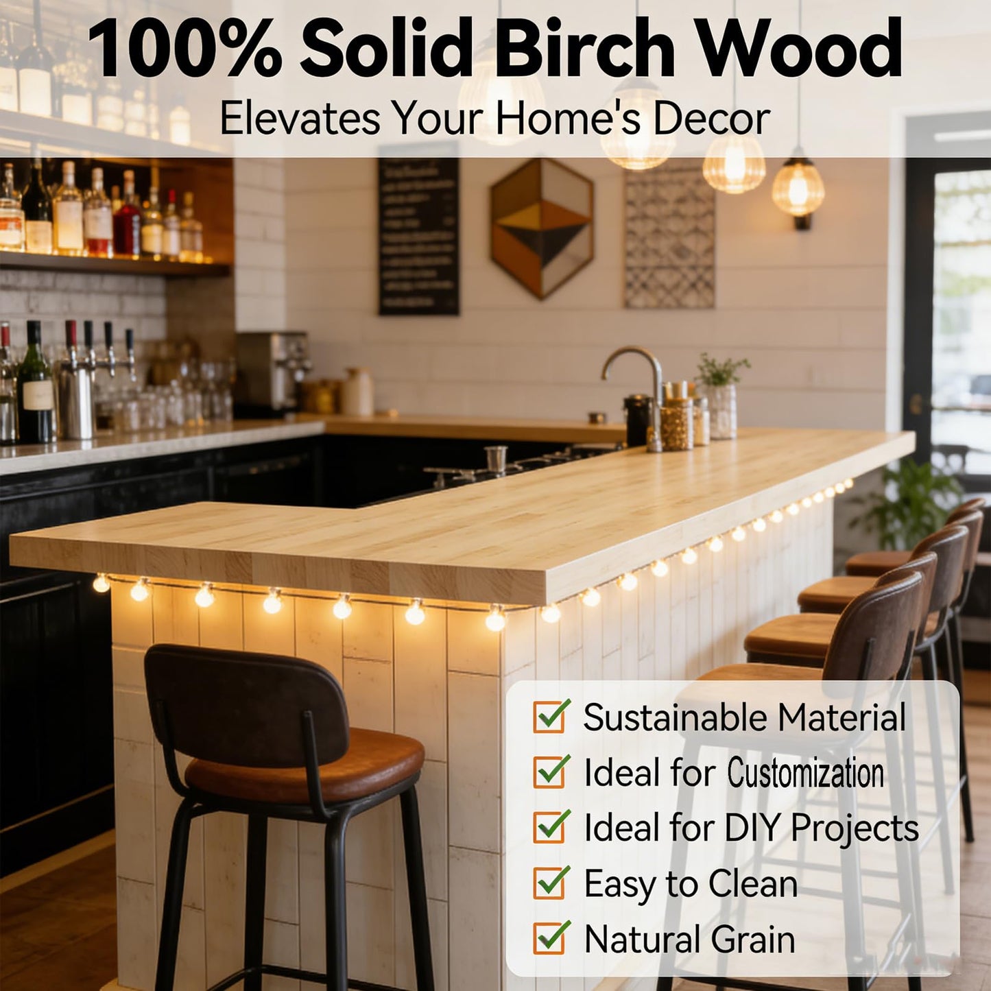 Intravast 96"x25" Butcher Block Countertop Island, 8FT Unfinished Solid Birch Wood DIY Countertop, Durable Counter Table Tops for Kitchen Bar, Workshop, Laundry Counters Dining Room Tables 1.5" Thick