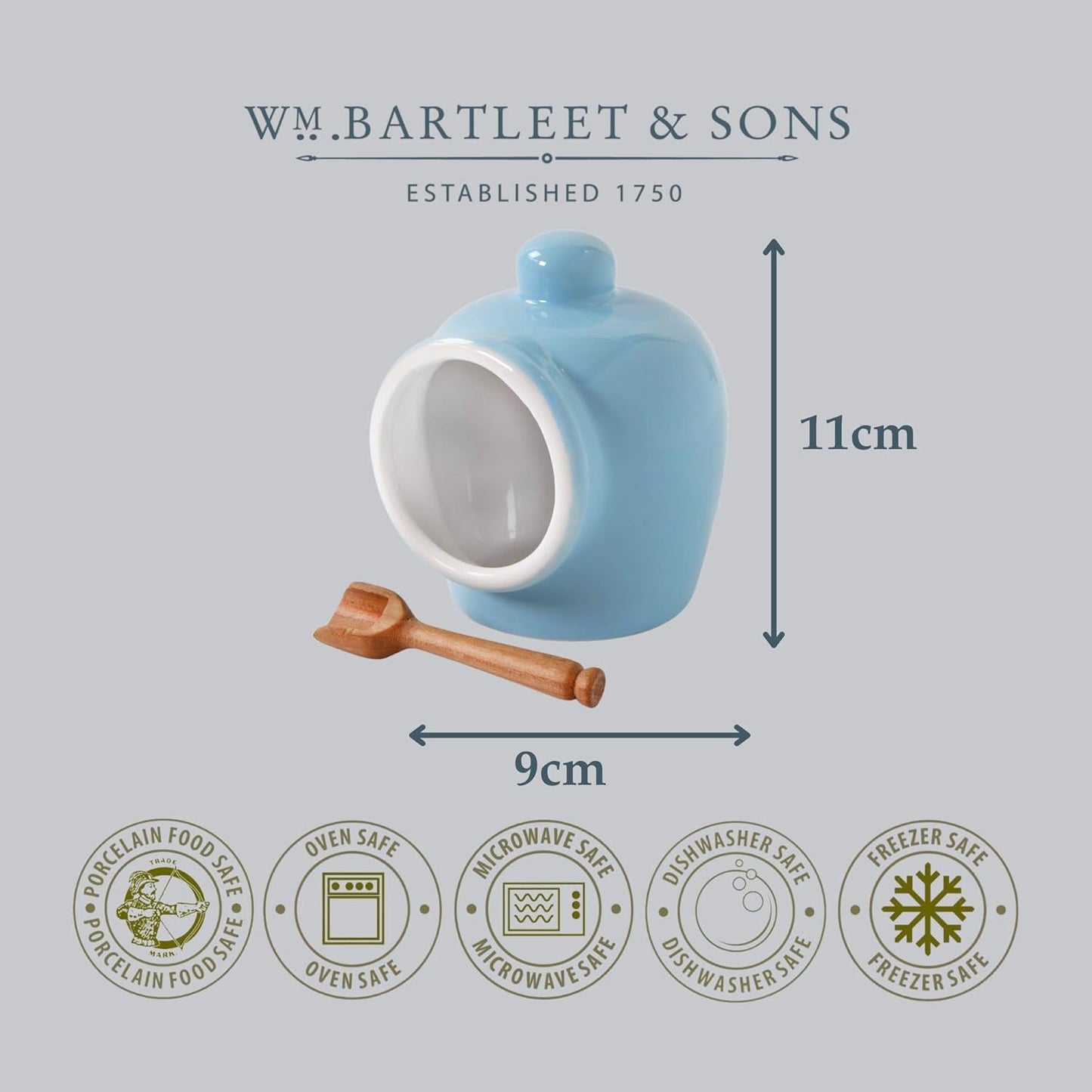 Wm Bartleet & Sons Traditional Porcelain Small Salt Pig, Blue, with Wooden Salt Serving Spoon
