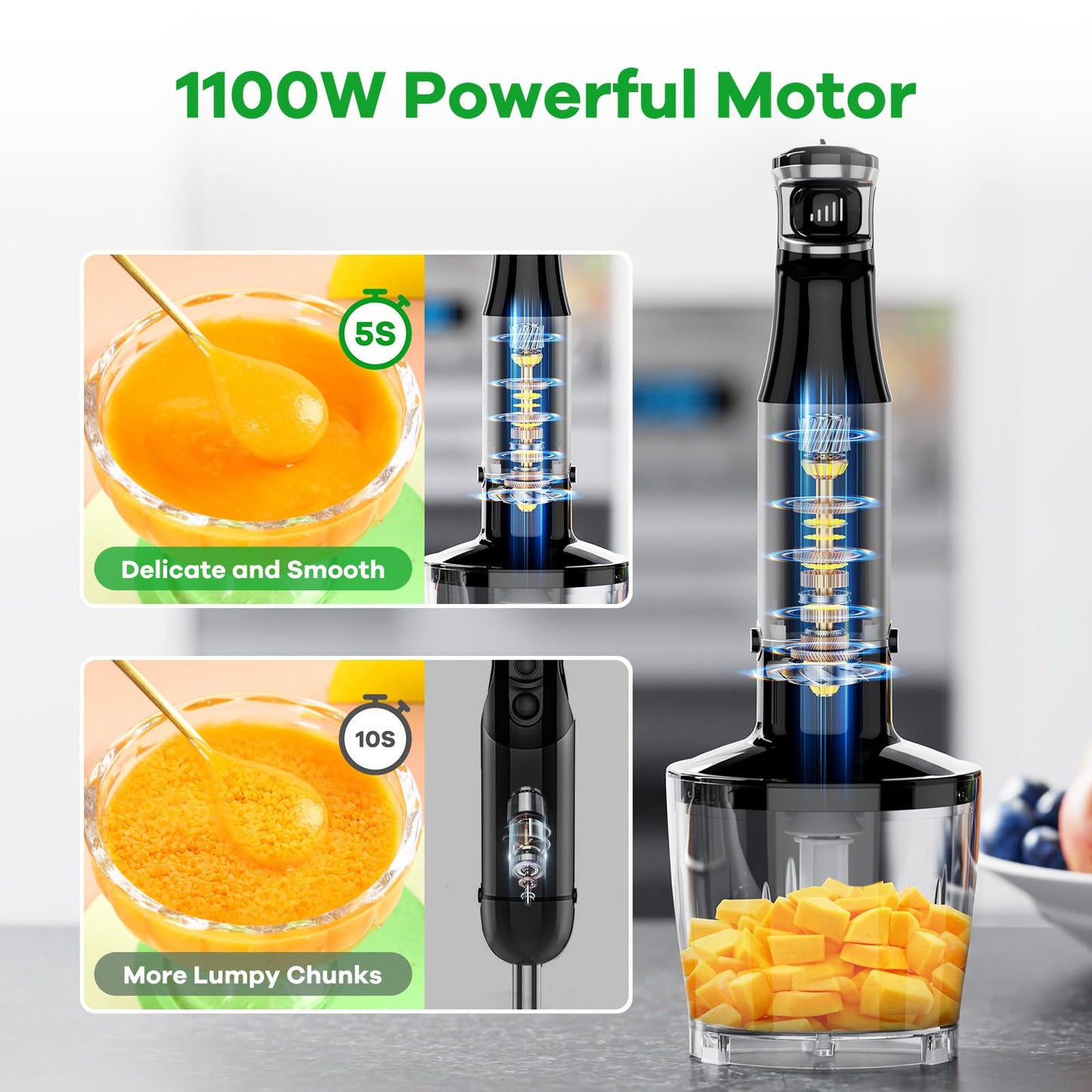 Turelar Immersion Blender Handheld Corded Hand Blenders Set 1100W, Trigger Variable Speed 5 in 1 Stick Emulsifier with Chopper, Whisk and Frother for Soup, Baby Food and Smoothies,Black