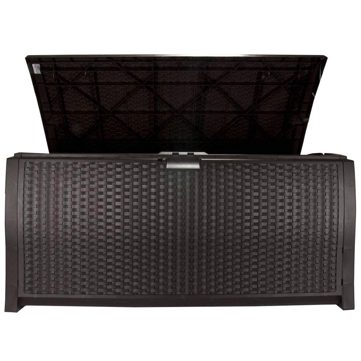 Suncast 99 Gallon Plastic Wicker Deck Box Container Storage for Garden, Garage, Home, Pool, Indoor and Outdoor Use, Mocha (2 Pack)