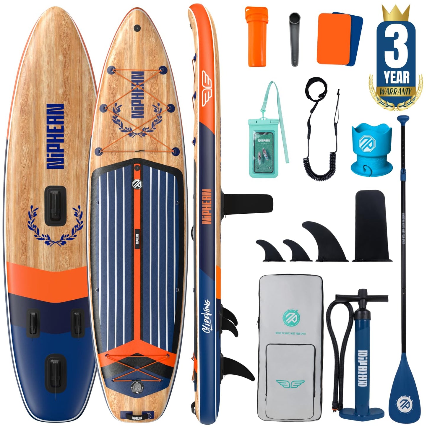 Niphean (Extra Large) Inflatable Paddle Board, SUP for 2+1 People/Family 500lbs Capacity Stand Up Paddle Board with SUP Accessories, StabilTrac Fin Non-Slip Paddleboard for Adults-Light Gray