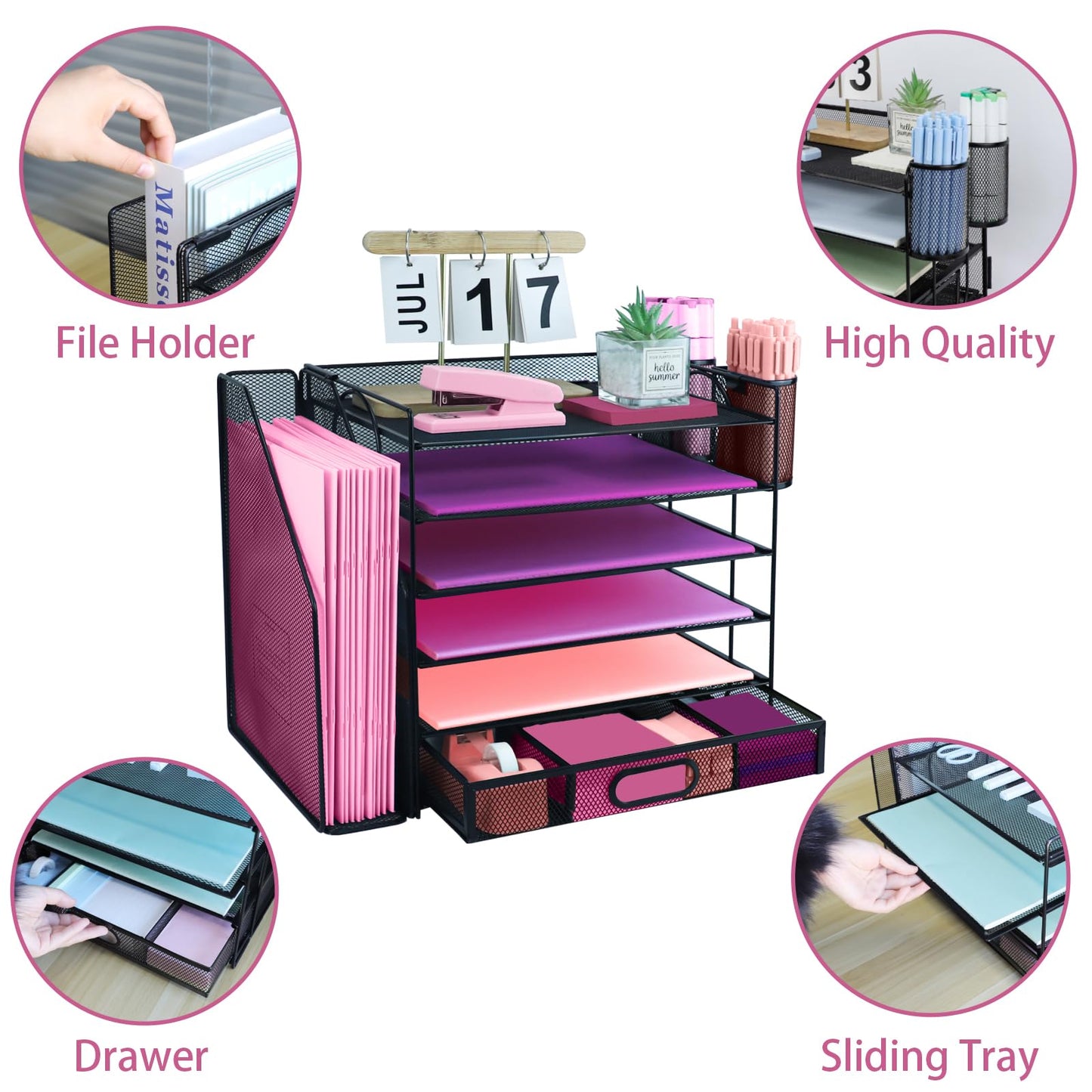 ideallife Desk Organizers and Accessories with File Holder, 6-Tier Paper Letter Tray Organiser with Drawer and 2 Pen Holder, Mesh Desktop Document Organizer for Office Supplies, Workspace - Black