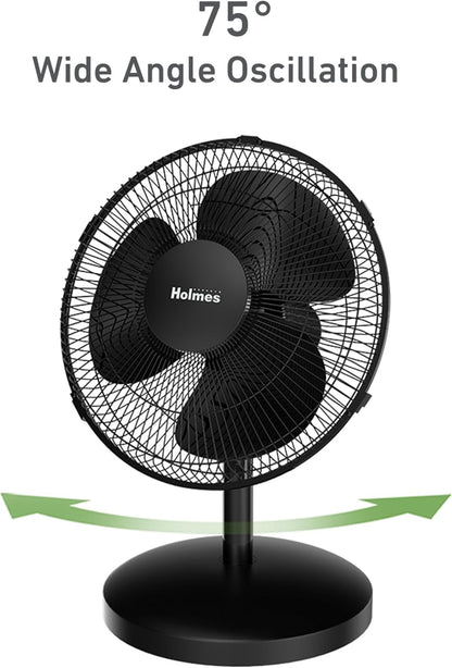 HOLMES 12" Table Fan with 75° Oscillation, 3 Speeds, 15° Adjustable Head Tilt, Ideal for Home, Bedroom, Office, Black