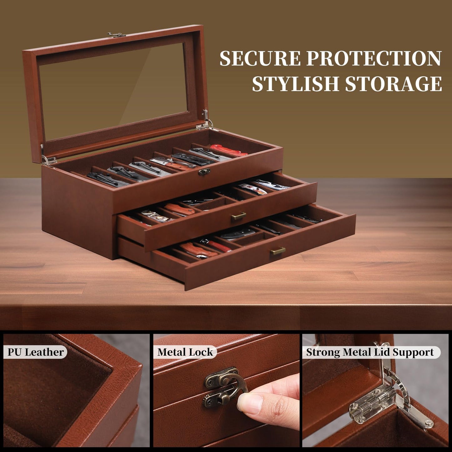 AUTOARK 3-Tier PU Leather & Velvet Knife Organizer with 26 Slots,Transparent Glass Top & Drawer,Compact Storage for Pocket Knives,Ideal for Men's Collections & Gifts,Coffee,MKAW013