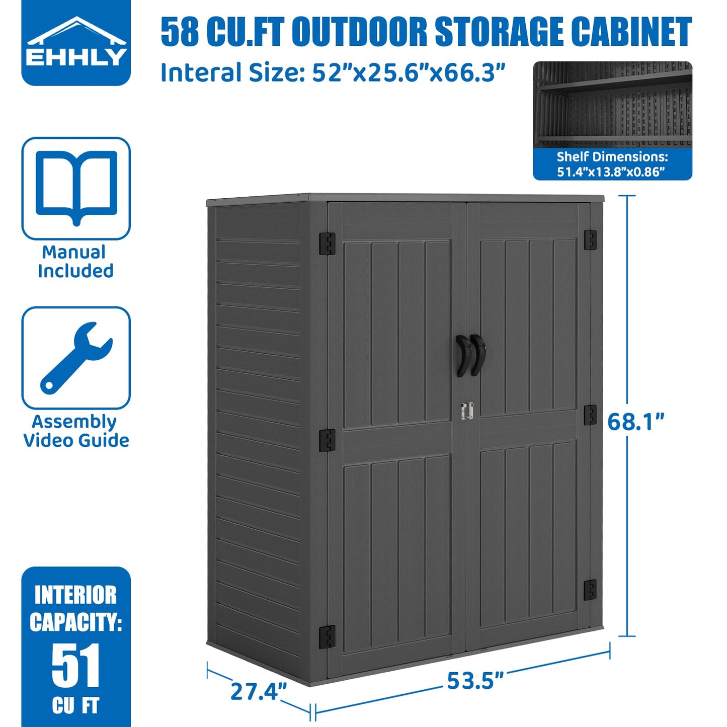EHHLY Vertical Resin Storage Shed with 2 Shelves, 60 Cuft Garden Tool Sheds & Outdoor Storage, Plastic Outdoor Storage Cabinet Waterproof, 4.5 x 2.3 ft Backyard Outside Lawn Mower Storage Shed, Grey