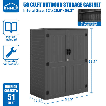EHHLY Vertical Resin Storage Shed with 2 Shelves, 60 Cuft Garden Tool Sheds & Outdoor Storage, Plastic Outdoor Storage Cabinet Waterproof, 4.5 x 2.3 ft Backyard Outside Lawn Mower Storage Shed, Grey