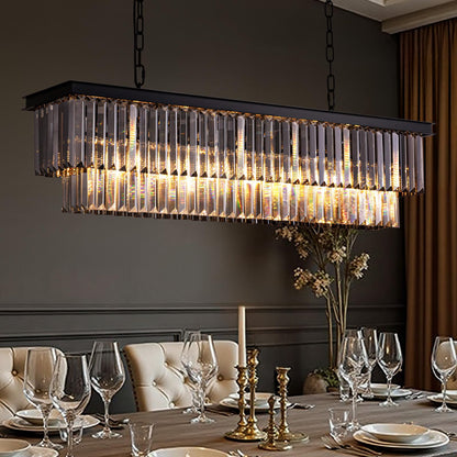 Tinkoso 39-inch Rectangle Crystal Chandeliers for Dining Room,Hanging Ceiling Light for Kitchen Island,Smoky Gray K9 Crystal Pendant Lighting,59-inch Adjustable Wire,Matte Black Finish