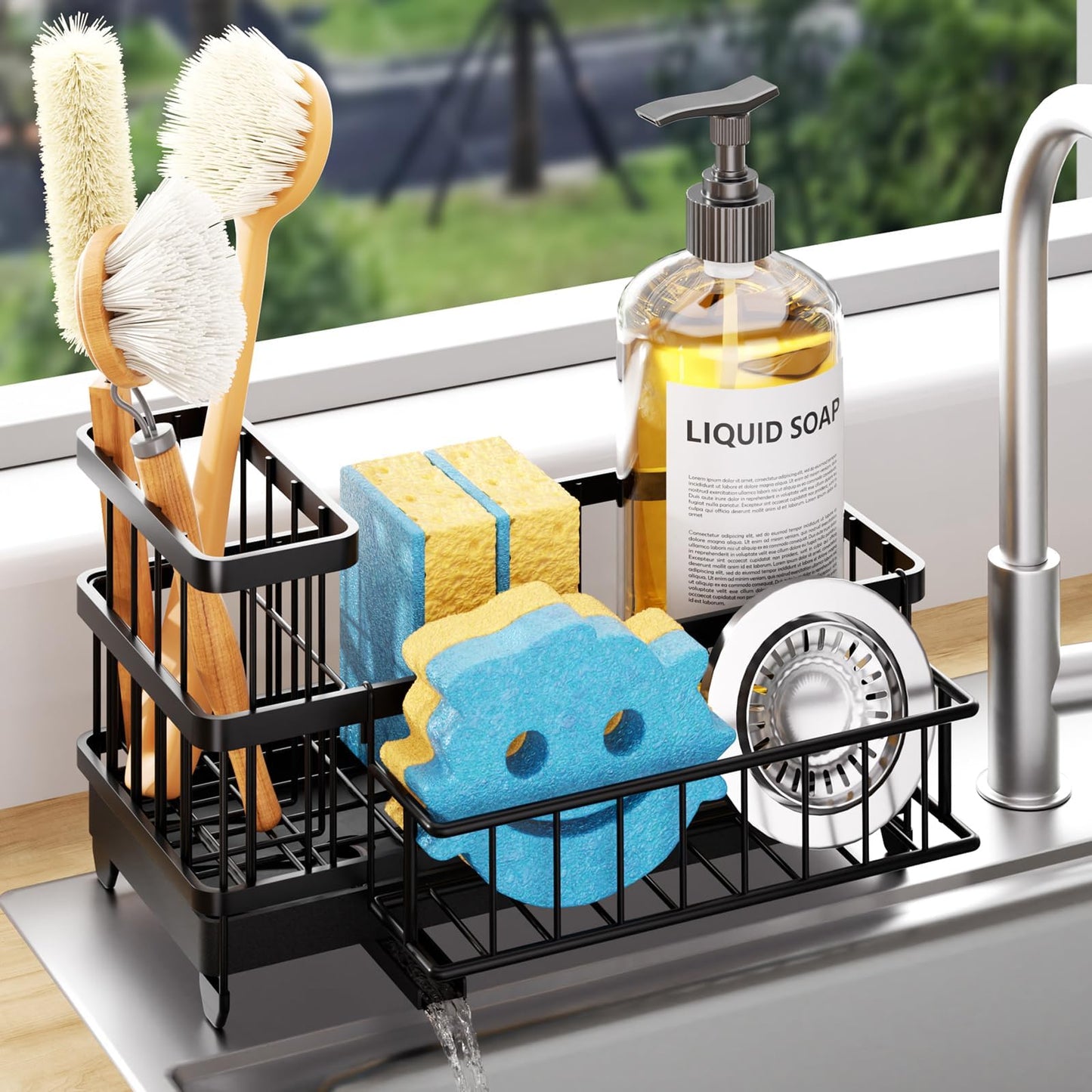 Consumest Sponge Holder for Kitchen Sink - Auto Draining Sink Caddy Organizer with Detachable Rack, High Brush Holder, Kitchen Countertop Storage Accessories, Black