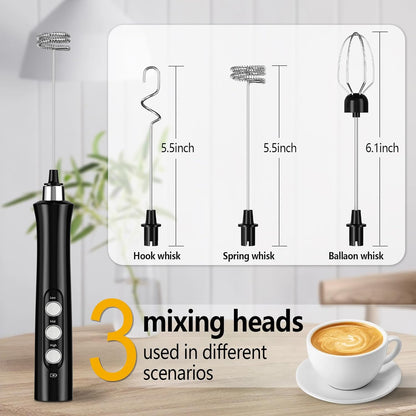 FITNATE Rechargeable Milk Frother with Stand, Handheld Drink Mixer with 3 Stainless Whisks for Coffee & Latte
