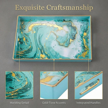 15.6" 10.2" Zosenley Decorative Tray, Marbling Plastic Tray with Handles, Rectangular Vanity Tray and Serving Tray