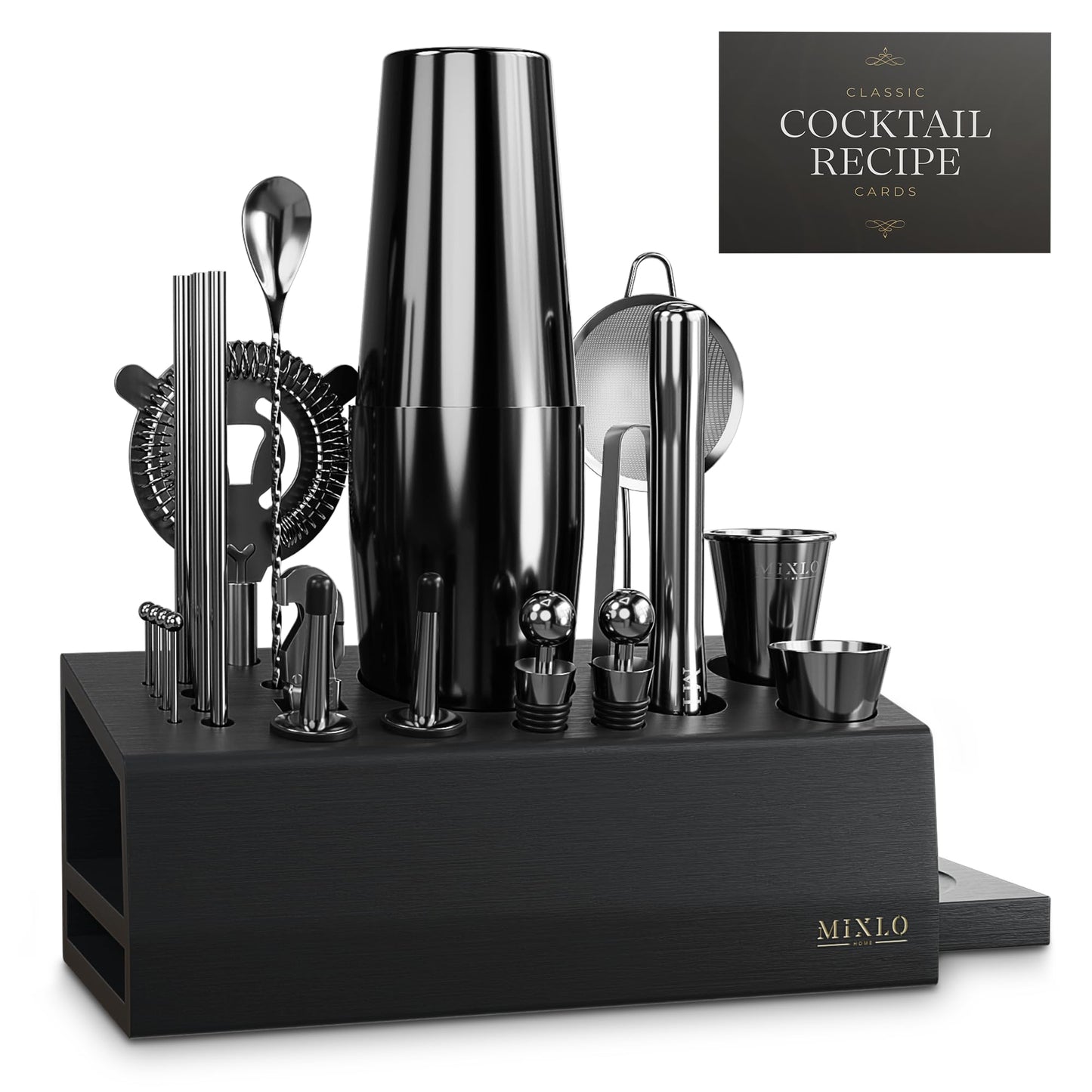 MIXLO HOME Mixology Bartender Kit - 22Pcs Bar Set Cocktail Shaker Set w Black Bar Cart Accessories Stand - Shakers Bartending Gun Metal Black Tools, 24oz Shaker, 17 Recipe Cards, Martini Barware