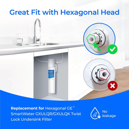 Waterdrop FQK1R, GXULQR Under Sink Replacement Filter, Replacement for Hexagonal Head GE SmartWater GXULQR, GXULQK and GXK140TNN, NSF/ANSI 42 372 Certified, 2K Gallons, 2 Filters