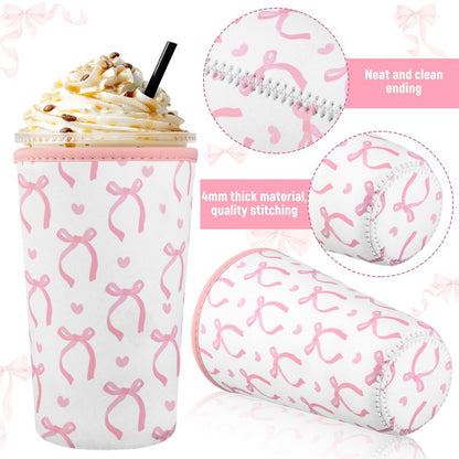 SiliFine 3 Pack Reusable Iced Coffee Cup Sleeve Insulated Neoprene Cup Holder for Iced & Hot Drinks Pink Coquette Bow Coffee Sleeve for Cold Beverages(Bow and Heart)