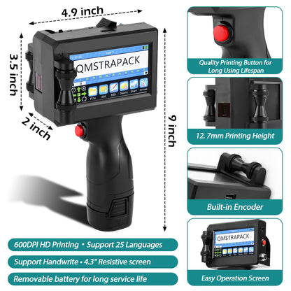 QMSTRAPACK Handheld Inkjet Printer Gun Z10 Printing Height 0.08-0.5 Inch Inkjet Coder with Original Fast-Drying Ink for Text QRCode/Barcode/Batch Number/Label/Image/Date Printer for Any Surface