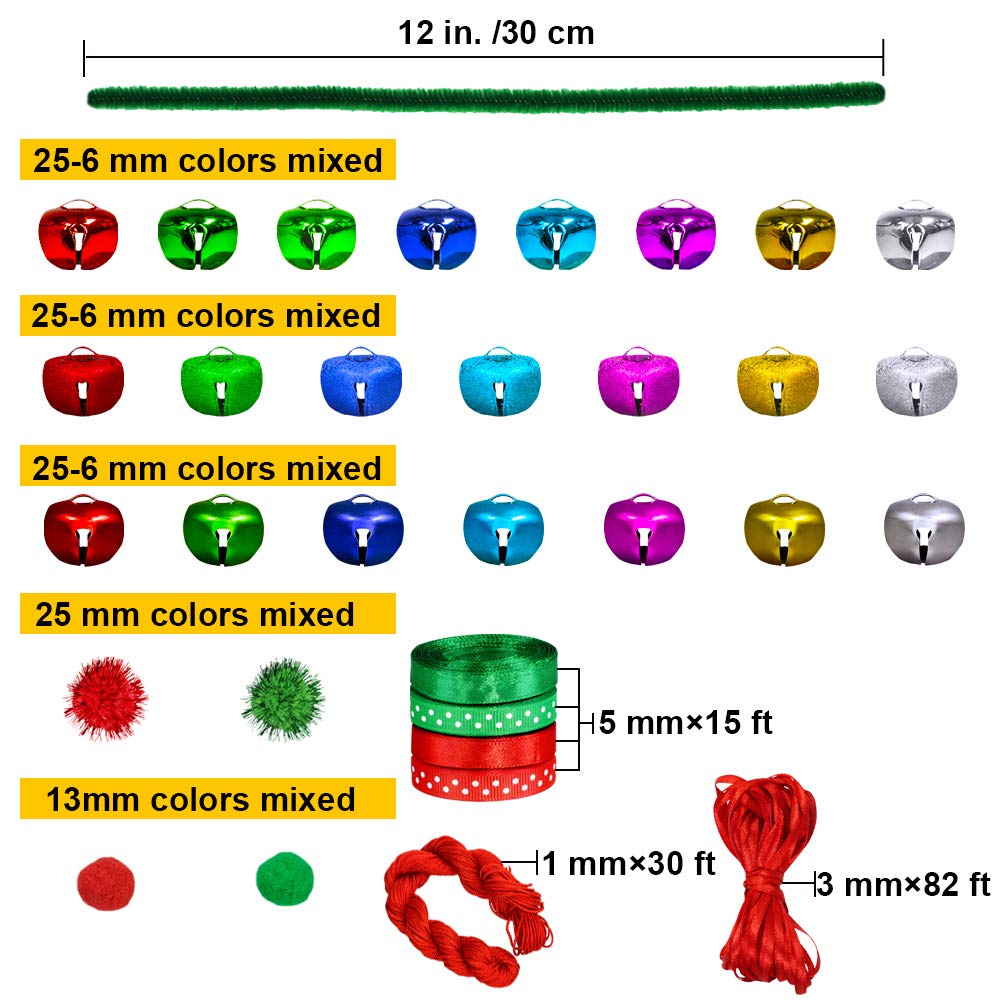 Winlyn 475 Set Christmas Jingle Bell Wreath Christmas Tree Ornaments Craft Kit Jingle Bell Metallic Chenille Stems Glitter Pom-Poms Ribbon Assortment for Kids Holiday Xmas Bracelets Necklaces Artwork