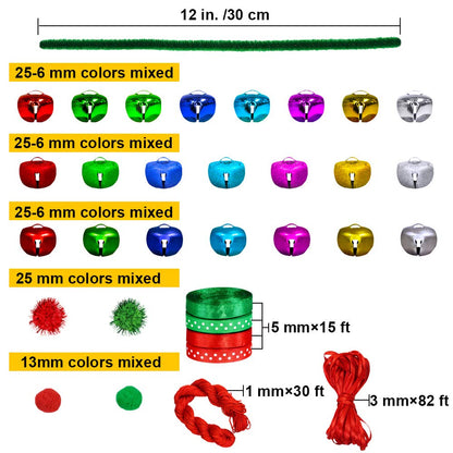 Winlyn 475 Set Christmas Jingle Bell Wreath Christmas Tree Ornaments Craft Kit Jingle Bell Metallic Chenille Stems Glitter Pom-Poms Ribbon Assortment for Kids Holiday Xmas Bracelets Necklaces Artwork