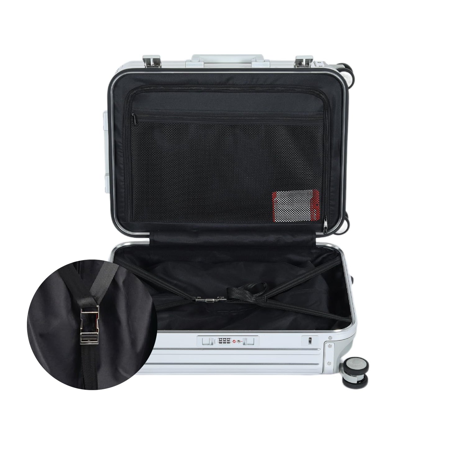 Magallanes 20 Inch All Aluminum Carry On Luggage with Front Laptop Pocket - Zipperless Hard Shell Suitcase for Business Travel, TSA Approved, Silent Spinner Wheels, USB Charging Port, Silver