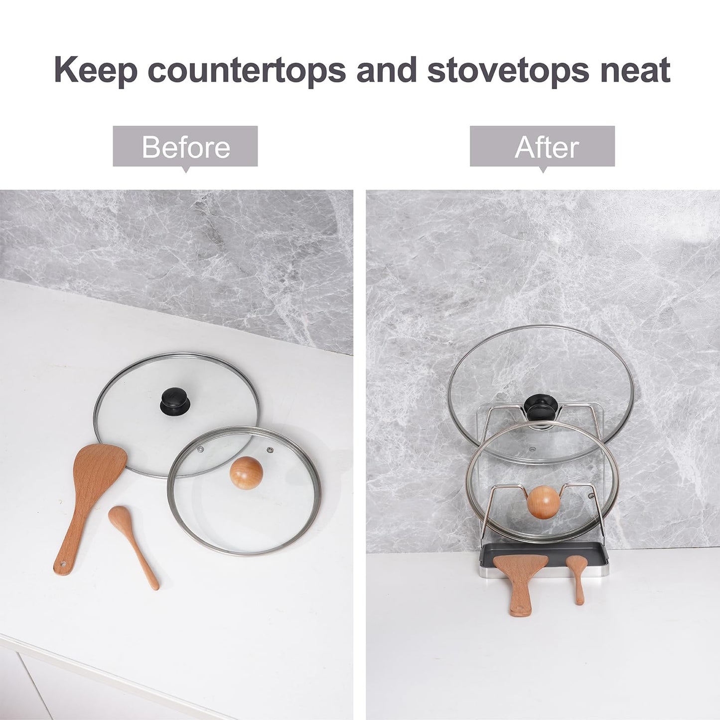 XCCK 304 Stainless Steel Pot Lid Holder While Cooking, Kitchen Pot Lid Storage Rack for stove top, Multifunctional Kitchen Pot Lid Organizer for Countertop（Silver）