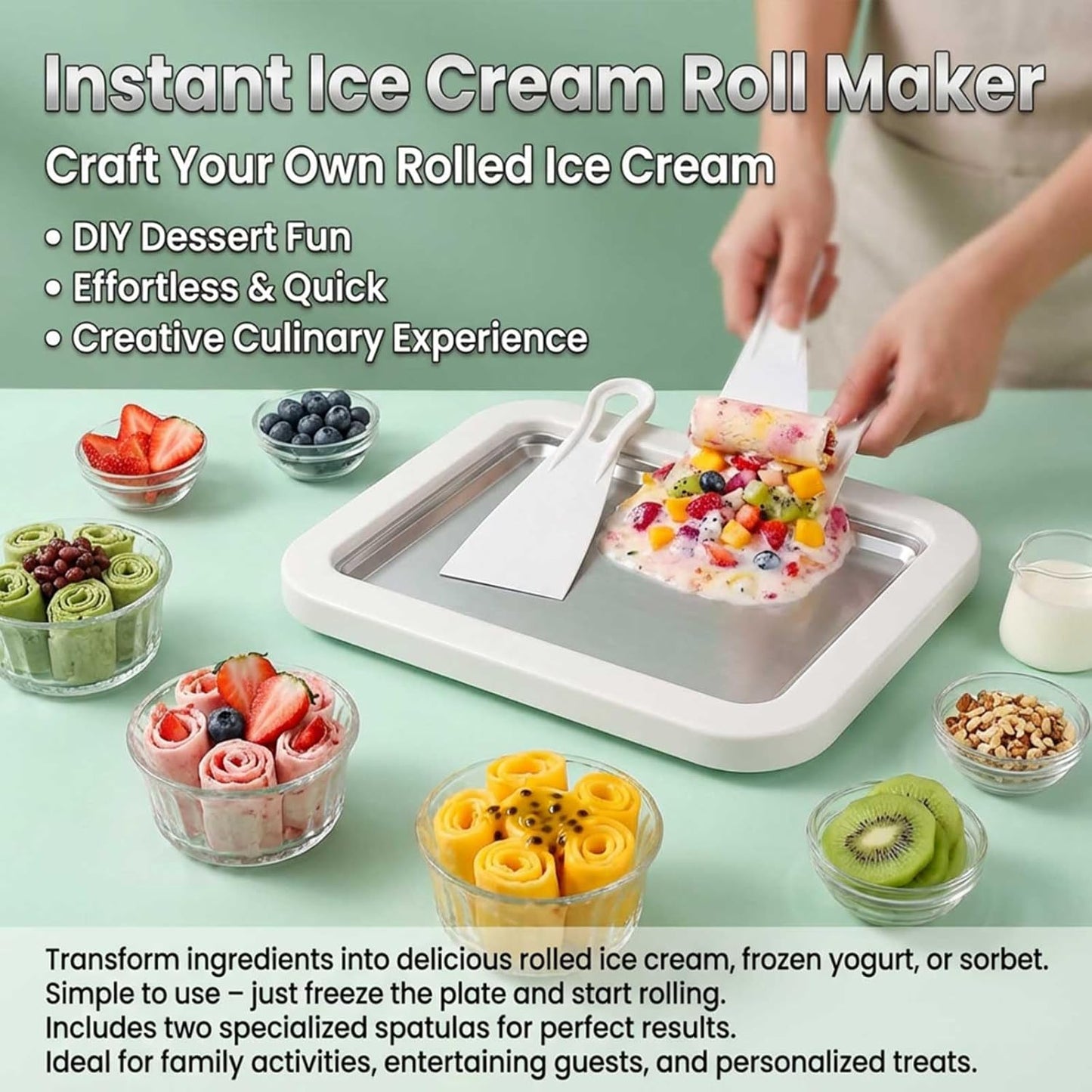 2 Frozen Rolled Ice Cream Maker Kit, DIY Ice Cream Roll Tray with Scrapers, No Electricity Required, Stainless Steel