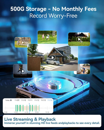 Solar Security Cameras Wireless Outdoor System with 10'' Touch Monitor 10CH NVR, 4MP WiFi6 Cameras for Home Security, 355° Pan 90° Tilt, Night Color, 2-Way Audio, 500G HDD, 0 Monthly Fee, 4 Cam-Kit