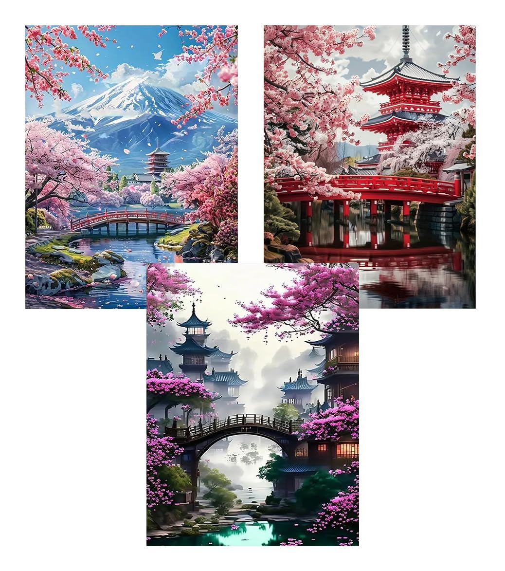 Diamond Art Kits for Adults - 3 Pack Sakura Landscape 5D Diamond Painting Kits for Beginner,DIY Mount Fuji Gem Art Full Drill Diamond Dots Crystal Craft Kits for Home Wall Decor Gifts 12x16inch