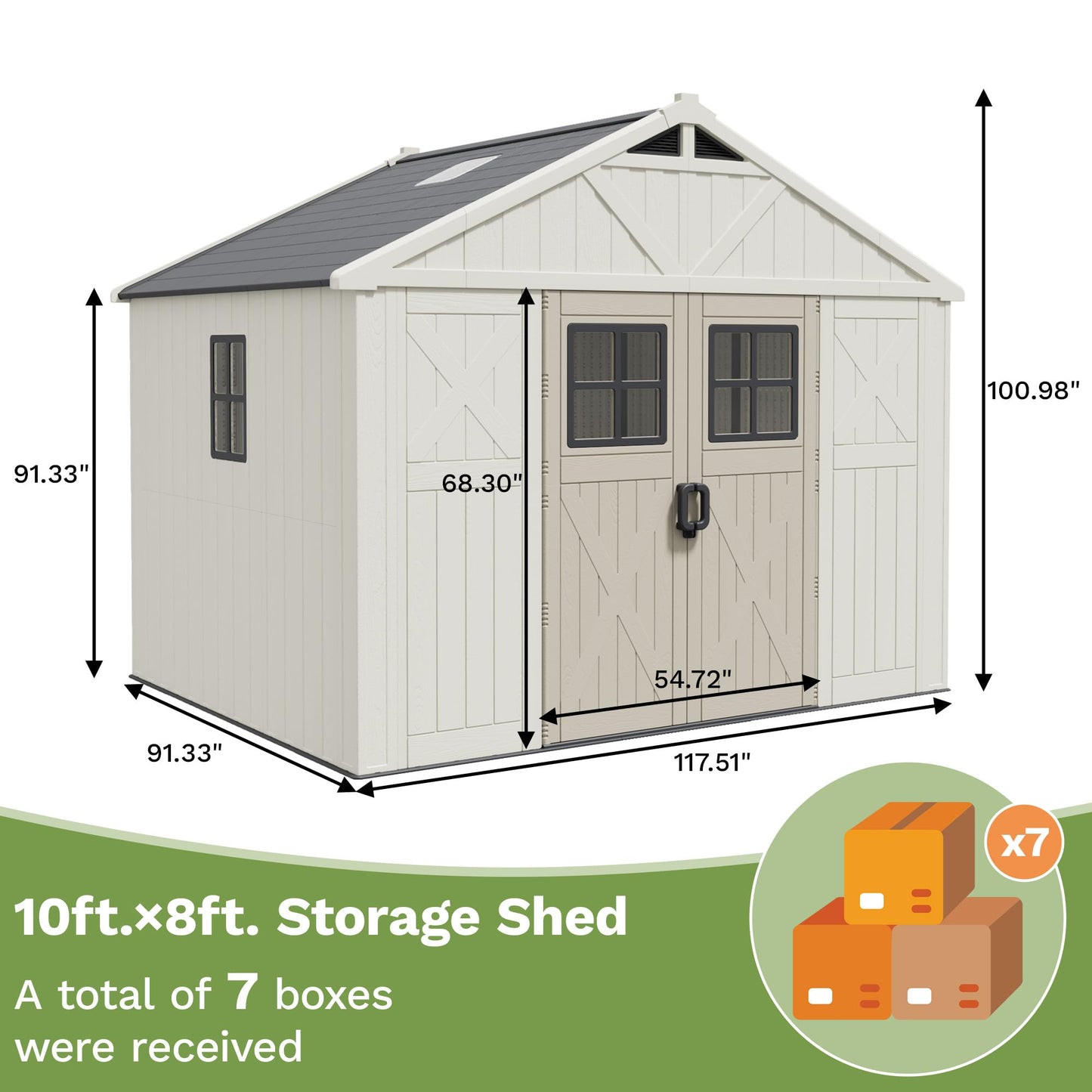Patiowell 10 x 8 FT Outdoor Storage Shed, Plastic Shed with Floor and Skylight, Resin Storage Shed with Four-Window and Lockable Door for Garden, Patio, Backyard, Beige