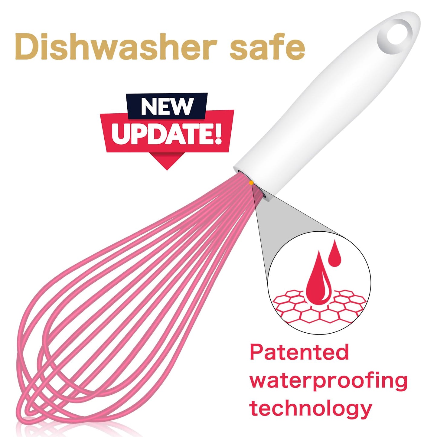 OYV Pink Silicone Whisk, Sealed Waterproof Design Set of 3, Professional Kitchen Whisks for Cooking Non-Scratch, Silicone&Stainless Steel Whisk, Heat Resistant 480°F Rubber wisk, BPA free