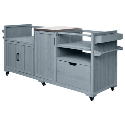 Merax 80.5" Outdoor Kitchen Island for Big Green Egg& Blackstone Griddle,Solid Wood Grill Cart Table with Stainless Steel Top,Drawer for Large Big Green Egg and 21"/28" Blackstone Griddle,Grey Blue