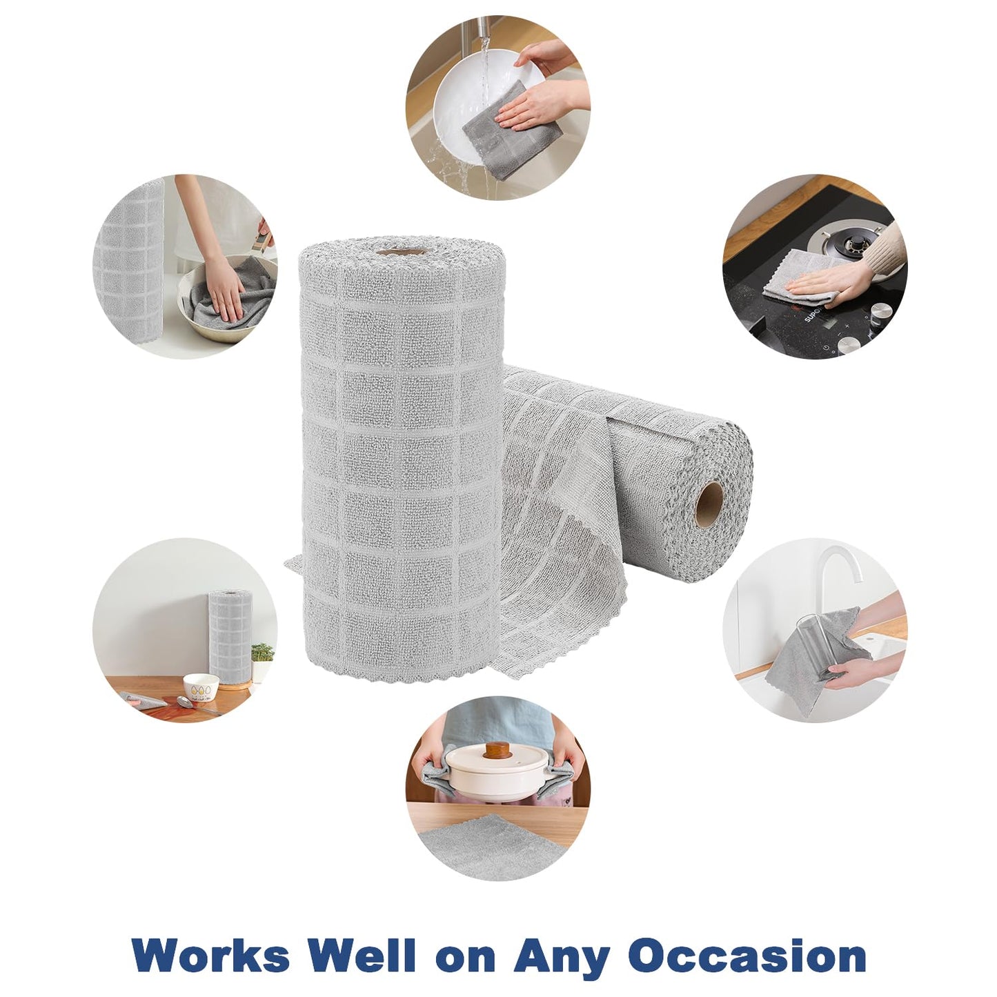 Ferdilan 80 Pack Microfiber Cleaning Cloth Roll,Lint Free Rags Paper Towels & Tear Away Reusable Towels,Washable Shop Rags,Wash Cloths Dish Rags(12" x 12") for Car Kitchen Window Garage-Light Gray