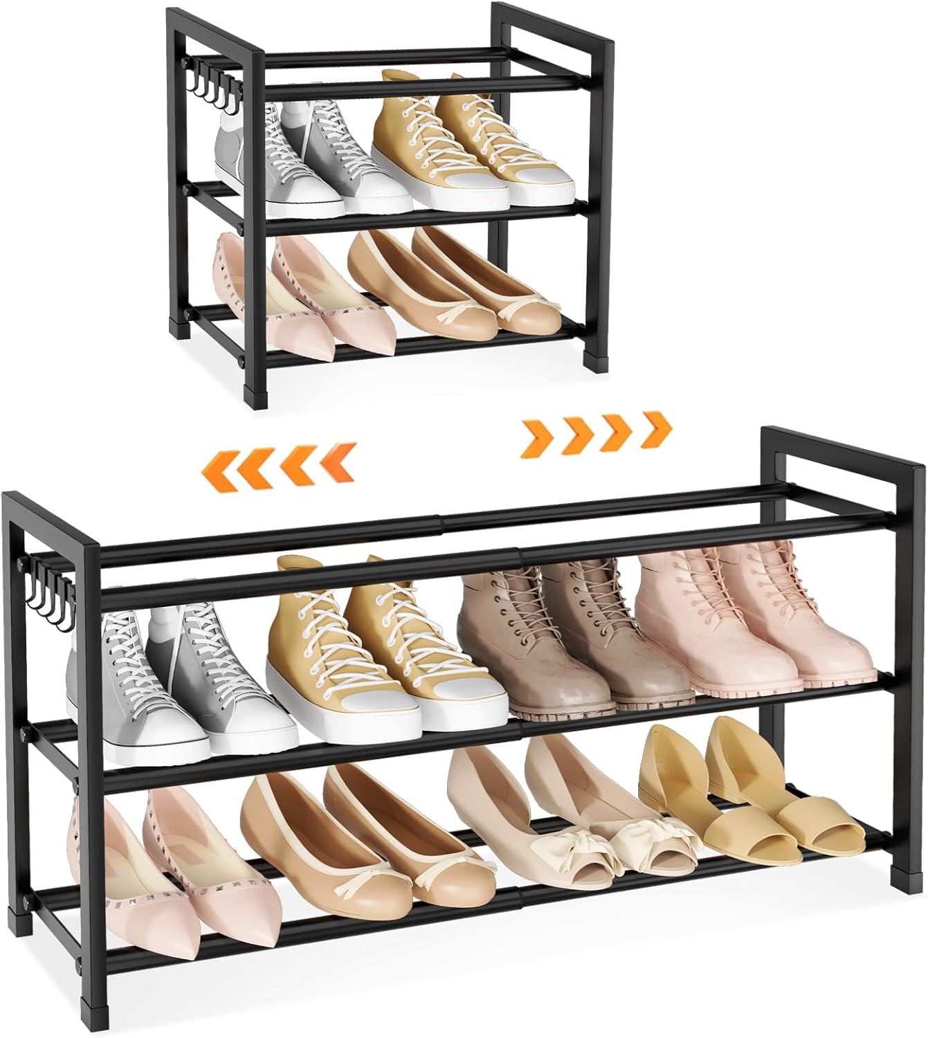 18"-33" Closet 12 3 5 LANTEFUL Adjustable Expandable Shoe Rack for Pairs Small Spaces Tier Shoe Organizer with Hooks