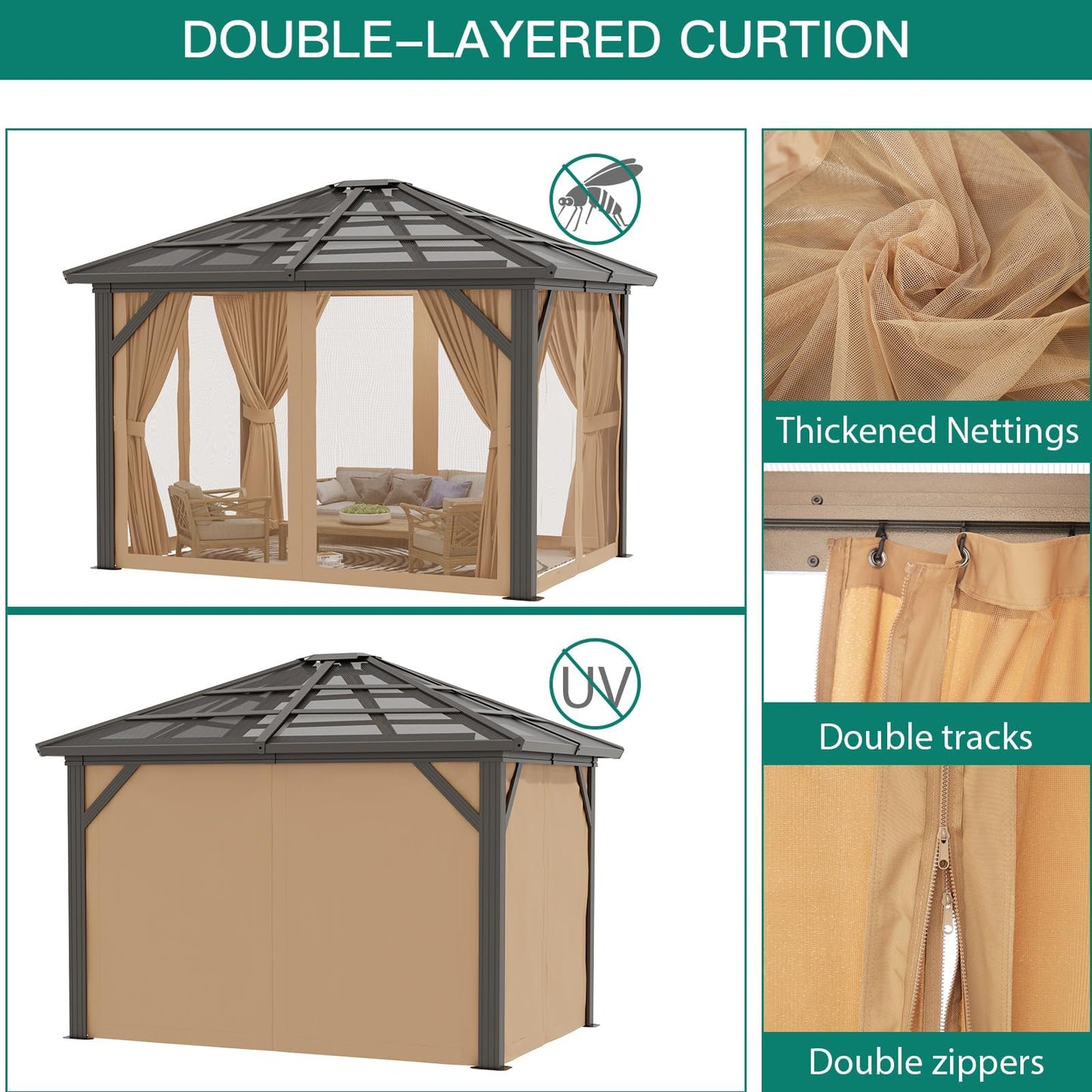 10' x 12' Hardtop Gazebo, Permanent Outdoor Pavilion with Single-Tier Hardtop Roof, Thickened Mosquito Netting, Double Track & Double Zipper Design for Patio, Lawn, Garden, Brown