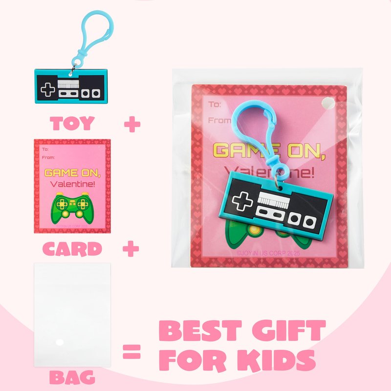JOYIN 28 Pcs Valentines Day Gift Cards with Video Game Keychains, Multi Colored Keychains & Cards with 7 Designs, Valentine Treat Goodie Bag Stuffers for Kids Classroom School Exchange Prizes