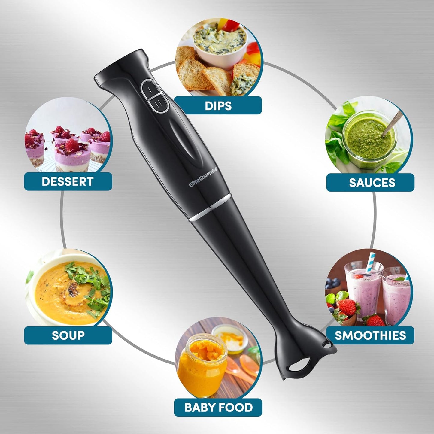 Elite Gourmet EHB1023 Immersion Hand Blender, 300 Watts, 2 Speed Mixing with Detachable Blades, Black