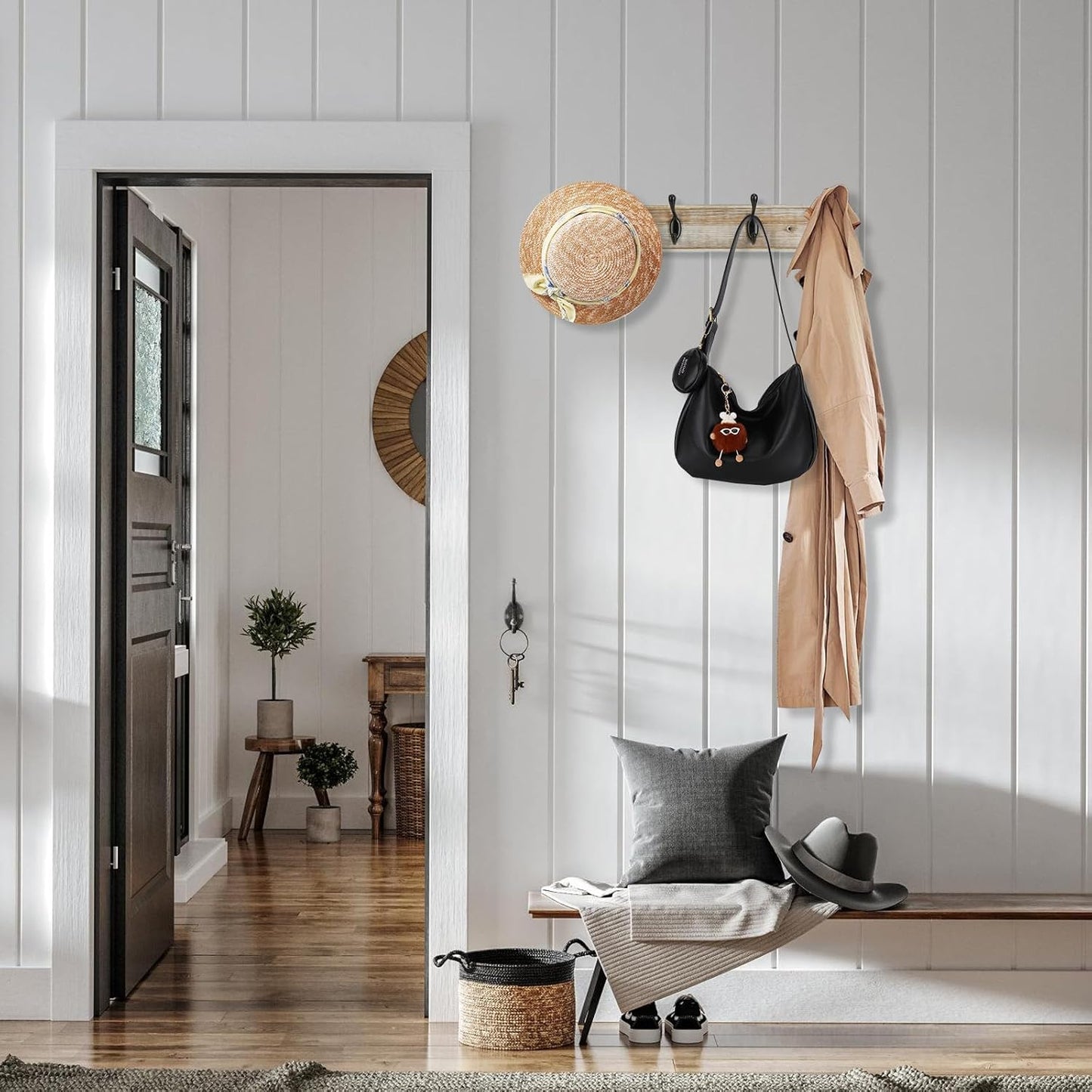 Coat Rack Wall Mounted, Entryway Coat Rack with 4 Rustic Hooks, 17” Vintage Pinewood Hanger for Keys