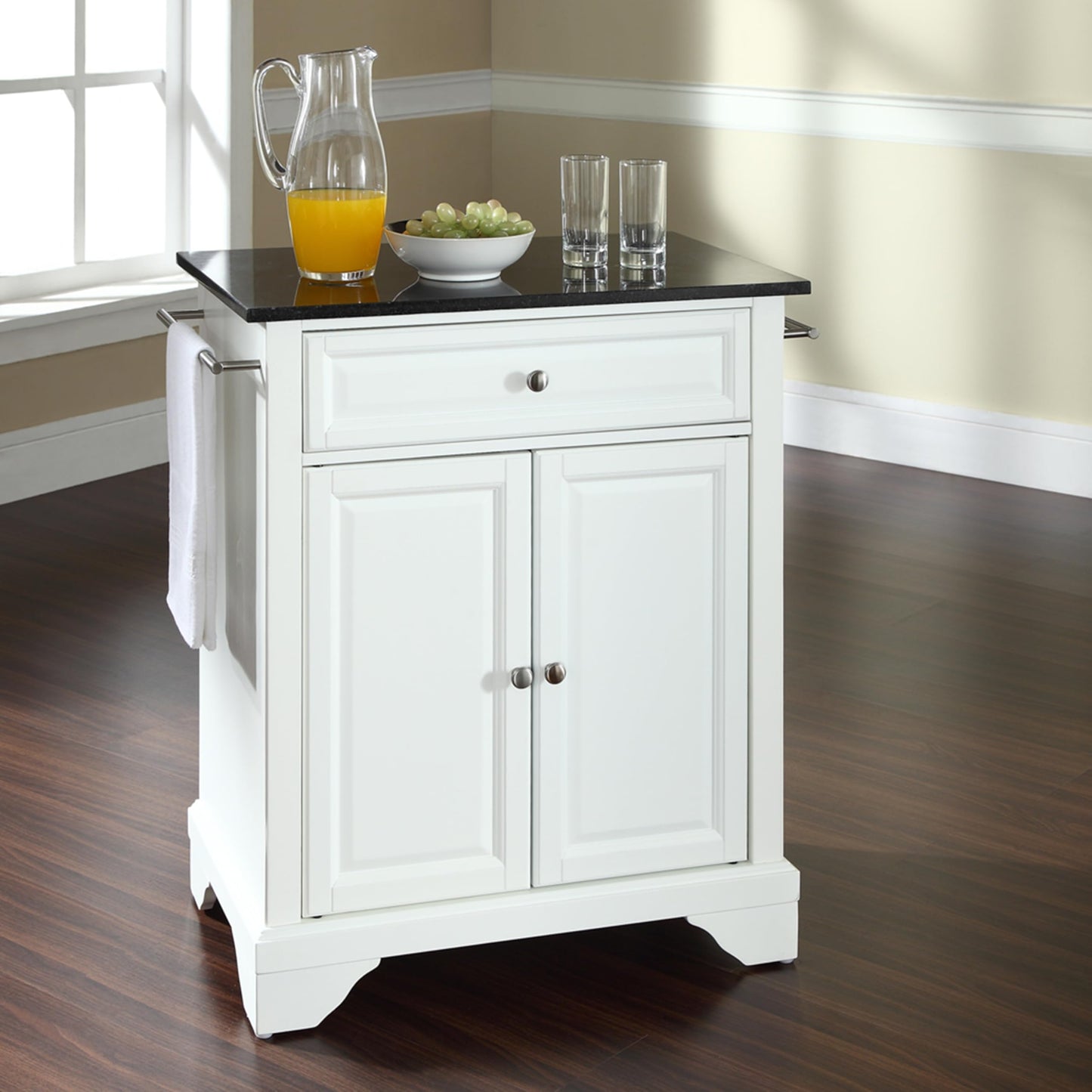Crosley Furniture Lafayette Granite Top Small Portable Rolling Kitchen Island Storage Cart, Microwave Stand, White