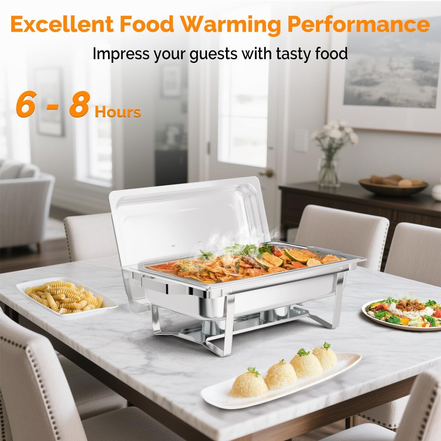 Bonnlo Chafing Dishes for Buffet, 8 Pack 9 QT Stainless Steel Chafing Dish Set, Food Warmers for Parties, Safe Rolled Edges, Dual Hooks, Stackable for Catering, Weddings