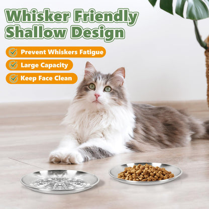 Petdream 4-Pack Stainless Steel Cat Food Bowls, Shallow Whisker-Friendly Non-Slip Silicone Base Metal Dishes, Easy to Clean Indoor Feeding Flat Plates for Cat, Kitten, Small Dog (6.7")